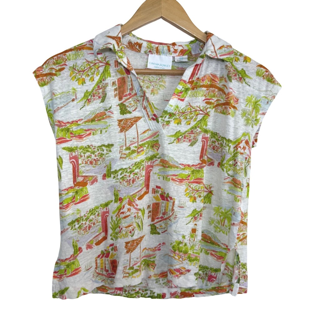 Cynthia Rowley 100% Linen Top Scenic Print Green White Coastal Resort Vacation S